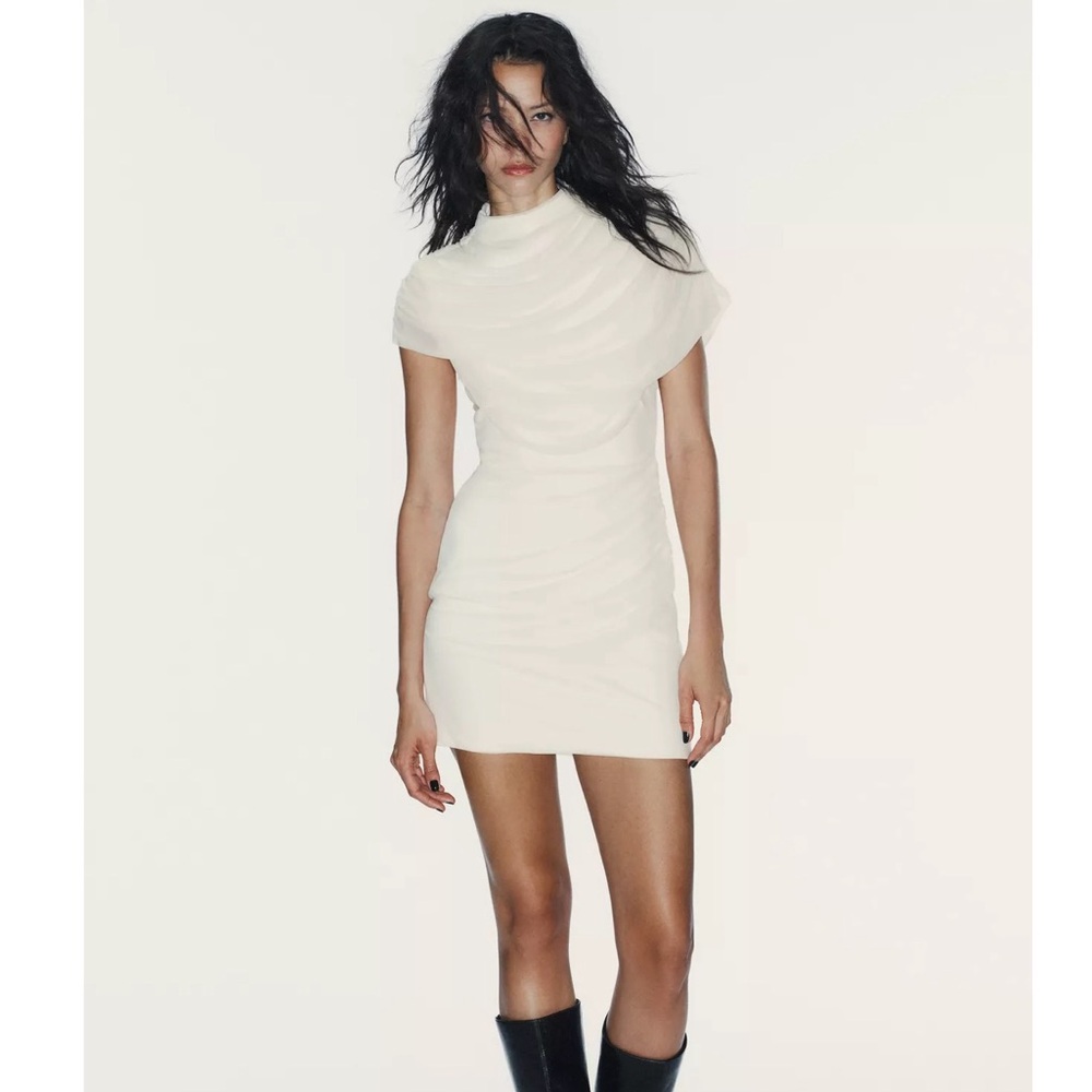Zara Cream Draped Mini Dress with Turtleneck